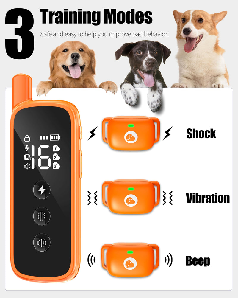 Shock Collar for Dogs Orange, 2600FT Dog Shock Collar for 10-120lbs | Beep Vibration Shock Dog Training Collar with Remote, Security Lock, Rechargeable IPX8 Waterproof, Fits 10-120lbs Dogs 1x Dog (Orange)
