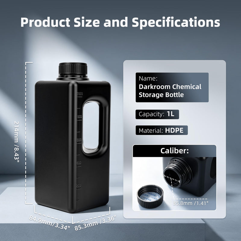 JJC Square HDPE 1000ml Darkroom Chemical Storage Bottles x3 With Handle, Photographic Plastic Containers with 40ml Measuring Cups for Film Photo Developer Fixer Stop Bath