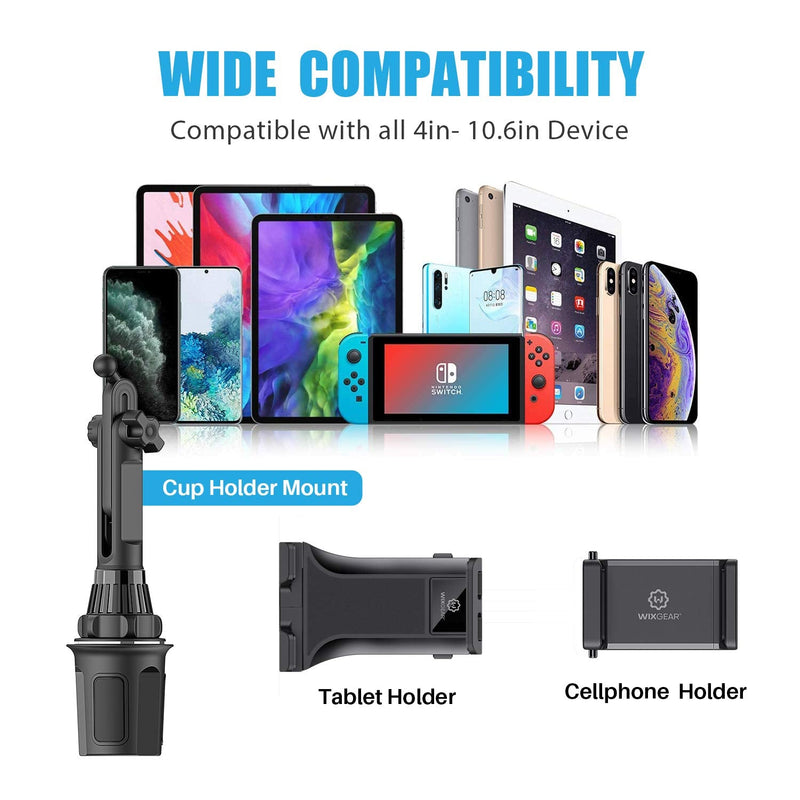 WixGear Tablet Holder for Car – Adjustable Cup Holder Mount for iPad, Tablets 7"–10.2", and All Phones, Height Adjustable and Universal Fit