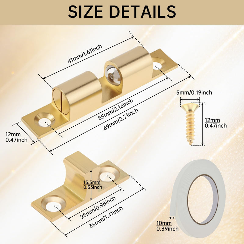 Double Roller Catch Cabinet Latches 70 mm,Solid Brass,Pack of 12,Gold | Adjustable, gold screws, double ball tension roller catches, for RV cabinets kitchen closet furniture doors 70mm