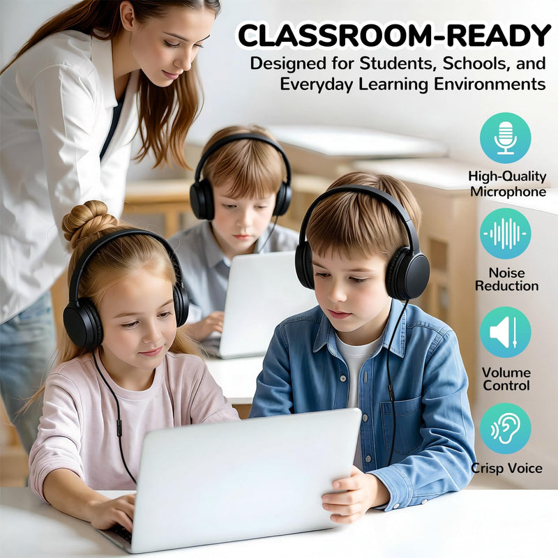 2 Pack Kids Headphones with Microphone for Classroom School, Durable Wired On-Ear Headset Class Set for Students Tablet Laptop PC & Boys Girls (HY30, 2Black) Black 2 Pack