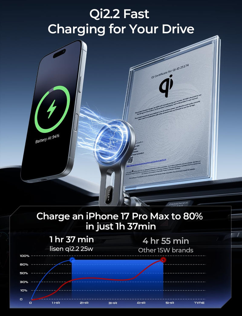 LISEN for Qi2.2 25W MagSafe Car Mount Charger,Car Vent Magnetic Car Charger | Stable & Fast Charging iPhone Car Mount,Qi2.2 Certified 25W Magsafe Car Mount, Car Vent Mount For iPhone 17 16 15 14 13 12 Black Compact/Small