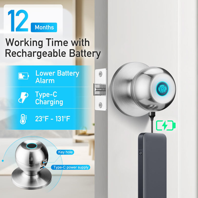 Fingerprint Door Lock, Smart Door Knob with Lock, Biometric Door Lock | Keyless Door Locks for Bedrooms, Front Door, Home, Finger Print Door Knobs Satin Nickel, 1 Pack 1 Piece Fingerprint