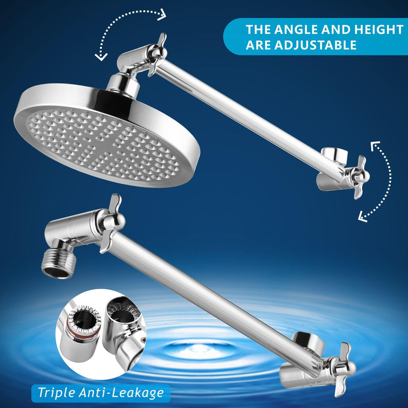 High Pressure Rain Shower Head with 11'' Extension Arm - High Flow Rainfall Showerhead - Luxury Modern Look - Pressure Boosting(Round, Chrome) 6" Round