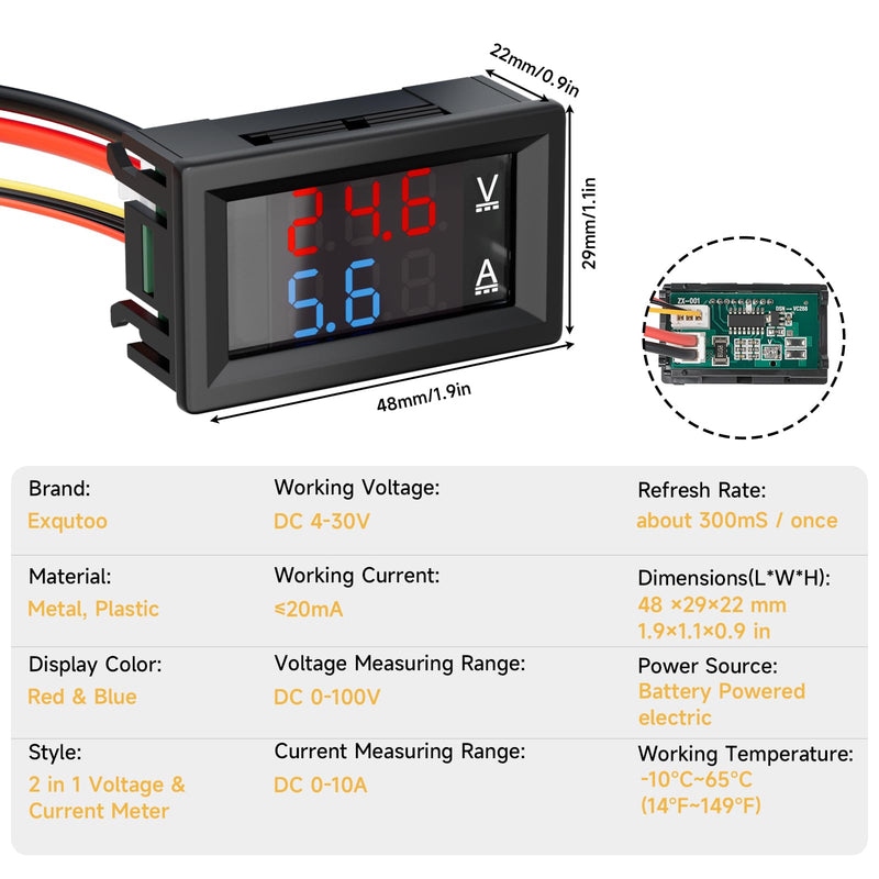 2Pack 0.28" Digital Voltmeter Ammeter DC 0-100V 10A, Red & Blue Dual LED Display Panel with Connect Wires, 2 in 1 Volt Amp Monitor Tester Used for Electronic Circuit Experiments EV Cars Boats
