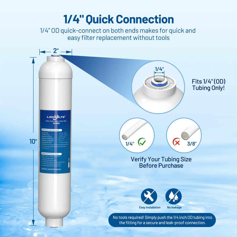 Inline Activated Carbon Block Water Filter with 1/4" Quick Connect, 2 Pack | T33 In Line Water Filter Replacement Cartridge for Icemaker | Post Carbon Filter for RO Reverse Osmosis Water System
