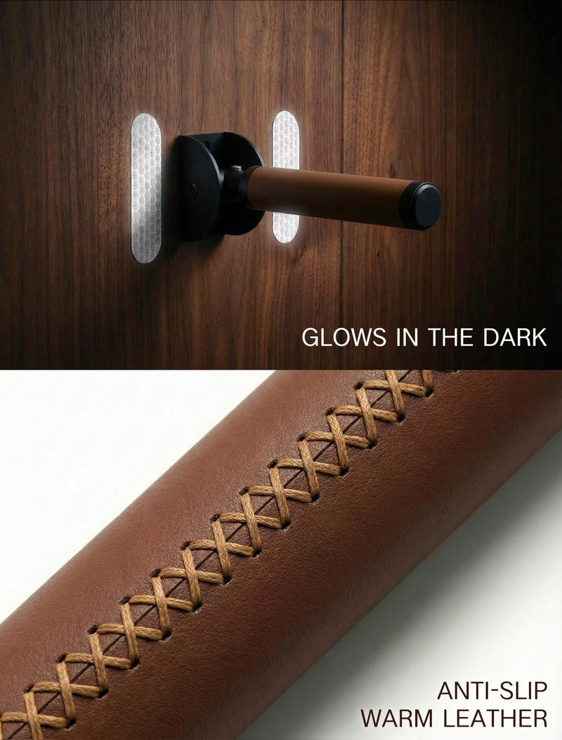 Flip Up Grab Bar for Doorway & Bathroom, Magnetic Folding Safety Handrail for Seniors, 300lbs Wall Mount Assist Handle with Reflective Sticker & Non-Slip Leather Grip, Brown
