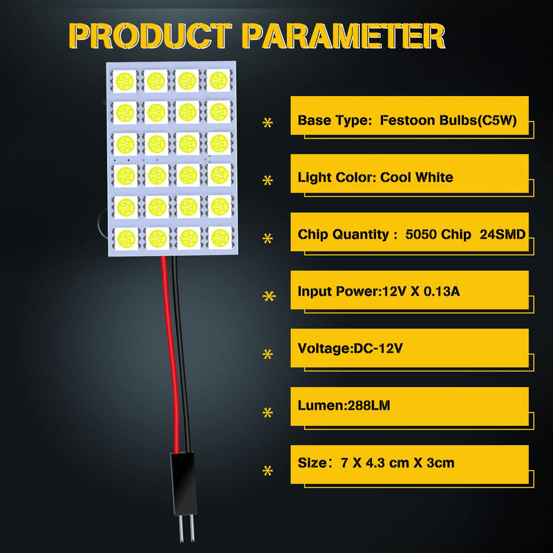 YM E-Bright 5-Pack White 5050 24SMD Led Panel Dome Light Lamp Auto Car Reading Interior Lamp DC 12V With T10 / BA9S / Festoon Adapters 24SMD-White