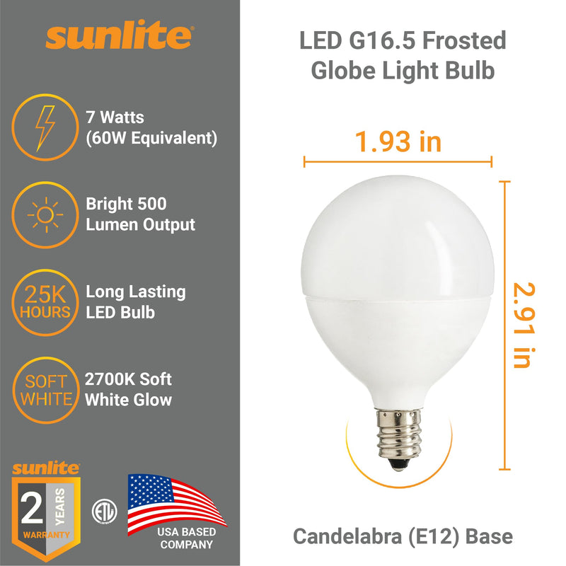 Sunlite G16.5 Light Bulb LED, 7 Watts (60W Equiv.), 500 Lumens, Dimmable, Type G Globe Shape E12 Candelabra Base, Short Bulbs, Vanity Mirror Bulbs, Energy Star, 2700K Soft White, Frosted, 6 Count Frost