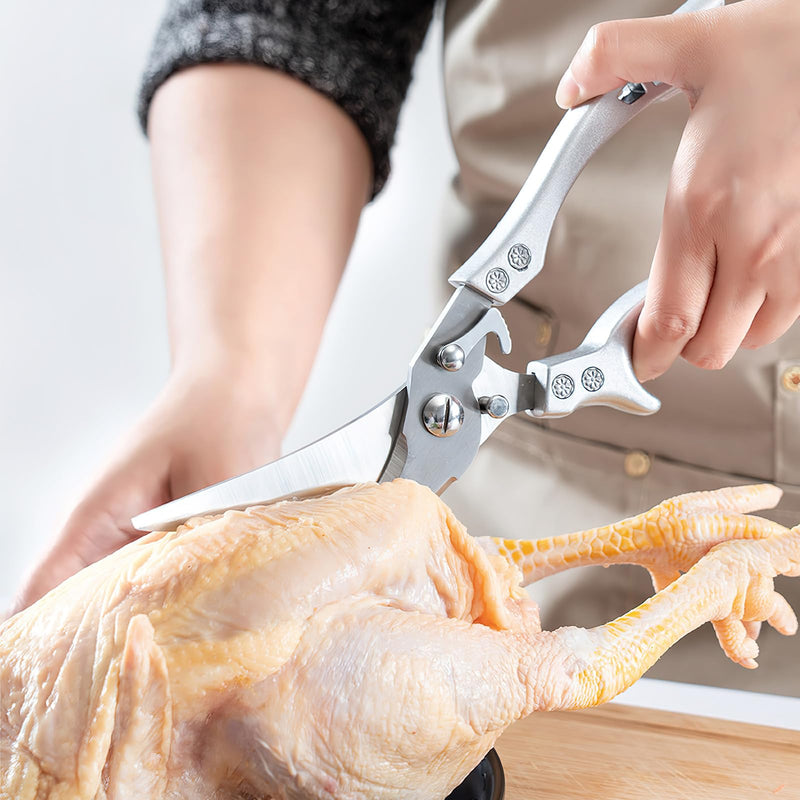 Poultry Shears Heavy Duty Professional, Multipurpose Kitchen Shears with Sheath, Spring-Loaded Stainless Steel Chef Scissors Cutting Bone, Chicken, Fish, Food, Meat, Full Steel Handle Silver