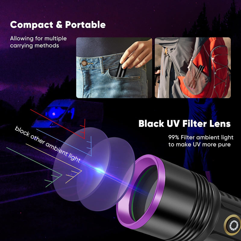 30W 365nm UV Flashlight USB Rechargeable UV Light High Power Black Light Flashlight for Pet Urine Detection, Resin Curing, Minerals, Blood tracking, Scorpion, Rockhounding,Yooperlites, A/C Leak Detect