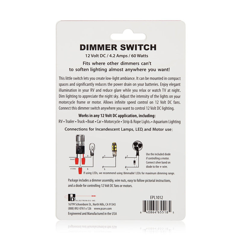12 Volt DC Dimmer for LED, Halogen, Incandescent - RV, Auto, Truck, Marine, and Strip Lighting - Long Shaft - Black