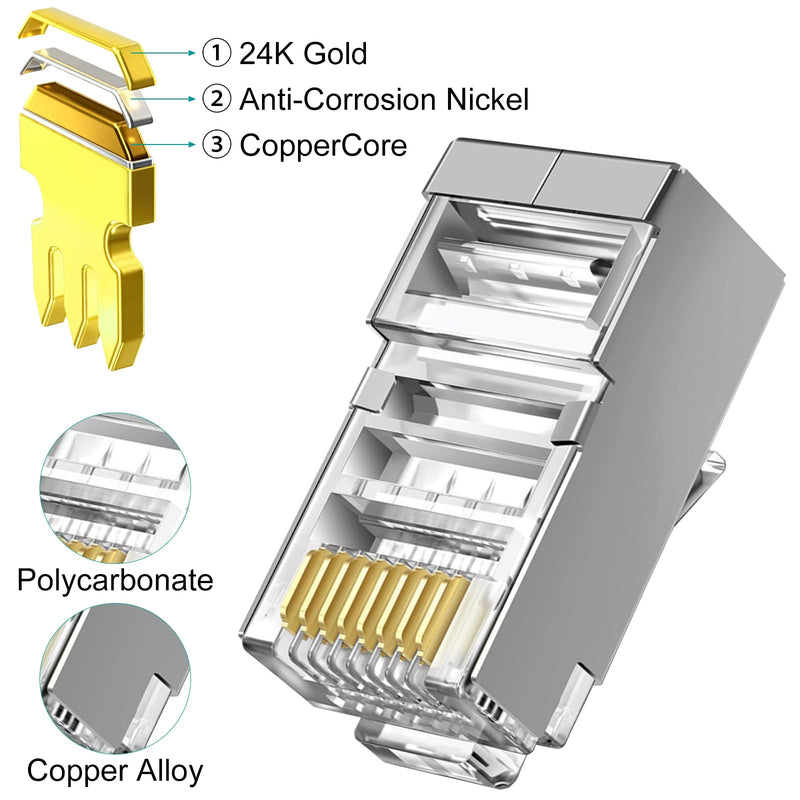 Brileine 100-Pack Cat 6 Pass Through Shielded RJ45 Connectors with RJ45 Boots Cover (Cat6 Connector/ Cat5e Connector/Ethernet Ends/Cat 6 Ends/ RJ45 Modular Plugs) for Solid or Stranded STP Cable 100+100