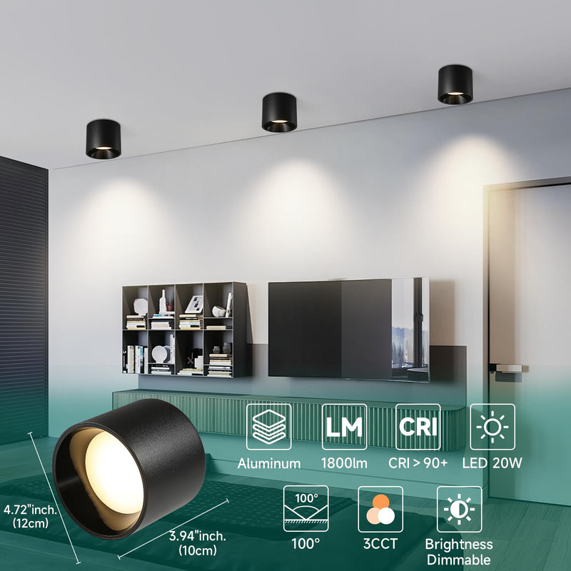 Modern LED Flush Mount Ceiling Light Fixture, 20W Dimmable & 3000K-6000K 3 Color Selectable Black Cylinder Ceiling Lamps for Low Profile Living Room Hallway Entryway Kitchen Dining Room Foyer 1 Pack