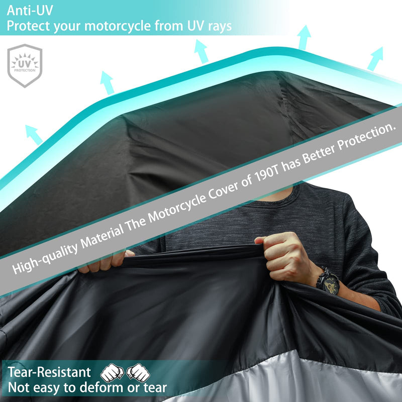 Motorcycle Cover,Motorbike Cover All Season Universal Weather Waterproof Sun Outdoor Protection with Lock-Holes & Storage Bag,XXL Motorcycles Vehicle Cover us-2xl