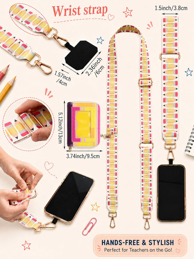 Woanger Teacher Phone Crossbody Lanyard with Wallet Pouch, Adjustable Clip Cell Phone Lanyard Back to School Teacher Gift Pencil