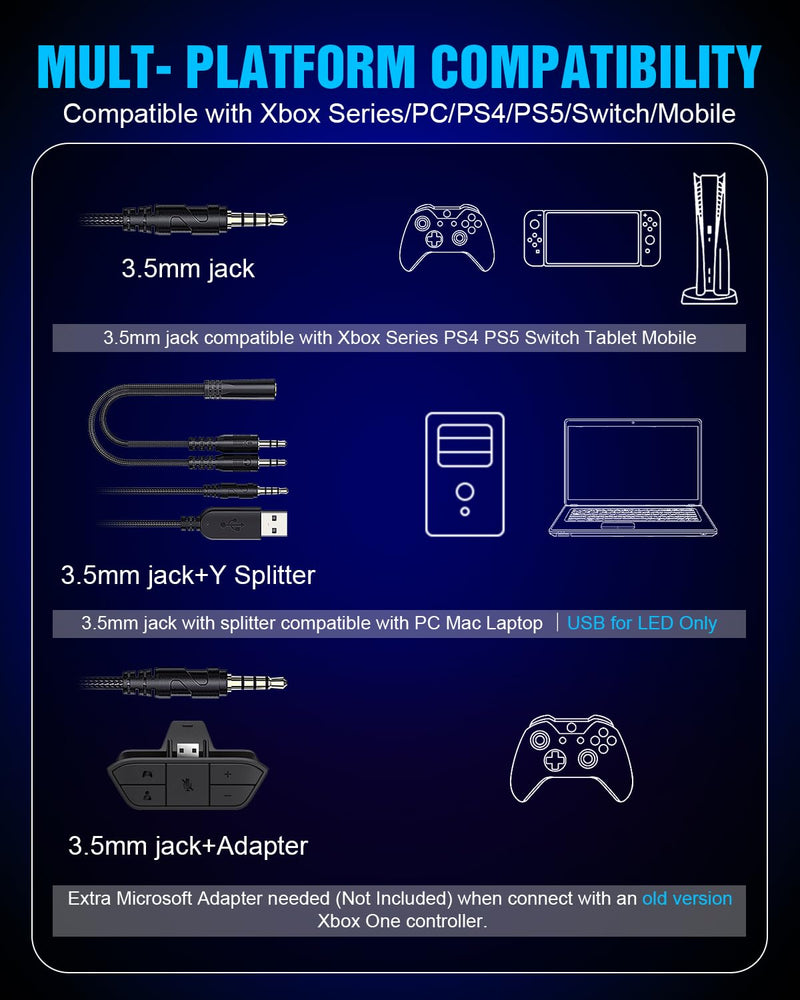 Gaming Headset for Xbox Series X|S Xbox One PS5 PS4 PC Switch Mac, Wired | 7.1 Surround Sound Over Ear Headphones, RGB Lighting, Flip Noise Canceling Mic, 50mm Drivers, Memory Foam Earcups White