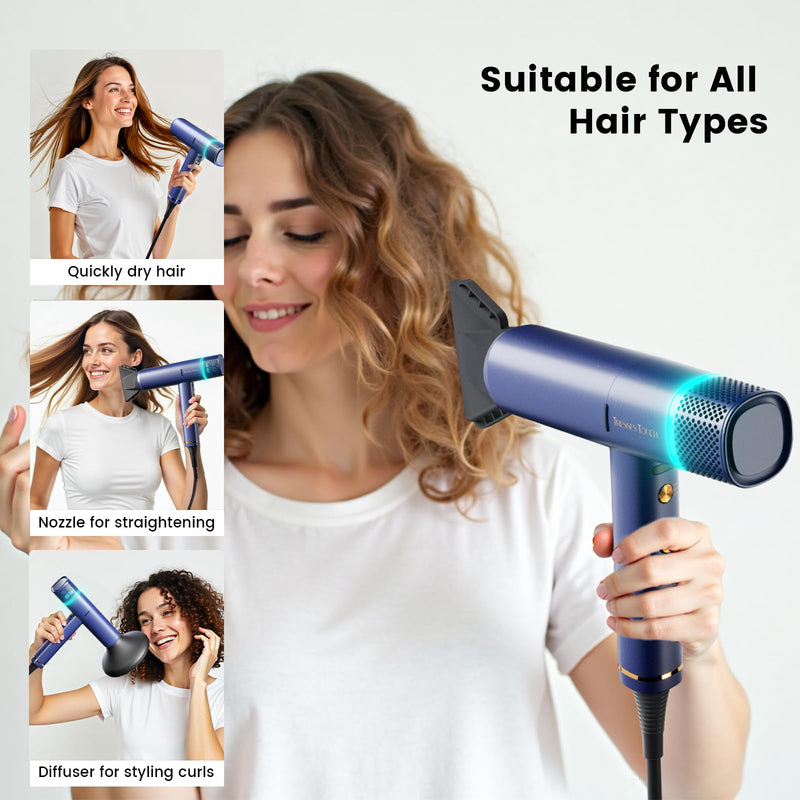Hair Dryer Ionic Hairdryer, High Speed Blow Dryer with Diffuser for Women & Men, Fast Dry with 3 Temps/2 Speeds, Cold Shot, Lightweight for Home Travel, Even Heat, Anti Frizz, Low Noise, Blue