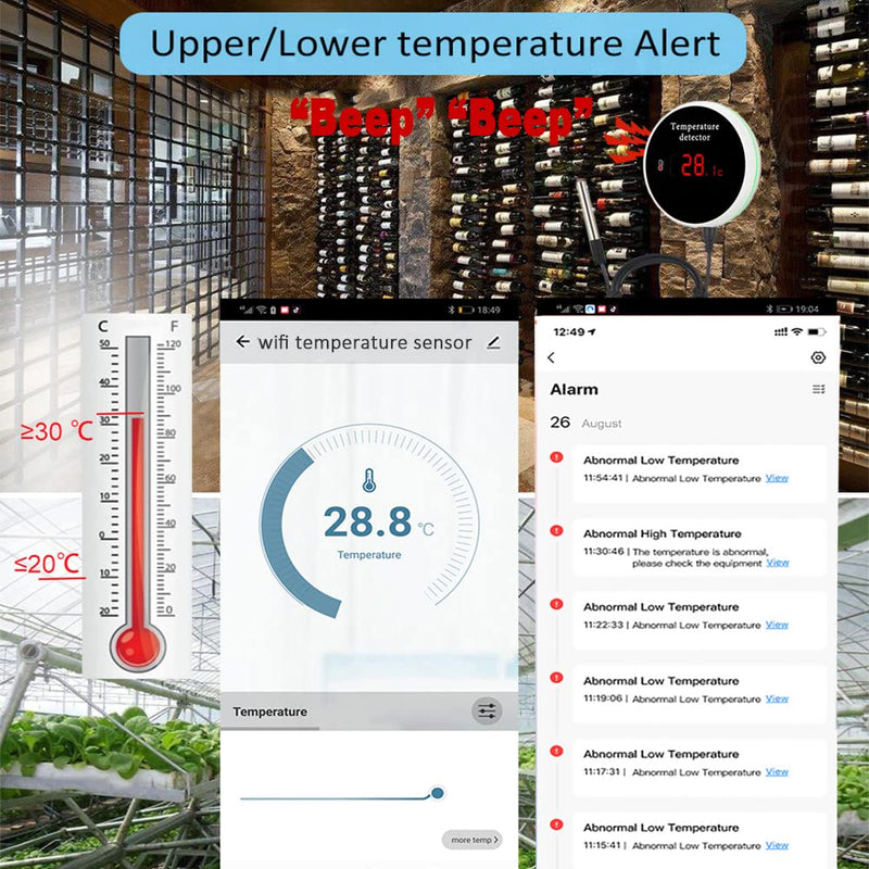  [AUSTRALIA] - WiFi Temperature Sensor Smart Thermometer: Digital Temperature Monitor Gauge with Waterproof External Probe, App Alert & Buzzer Alarm, Rechargeable Battery, for Freezer, Refrigerator, Fish Tank