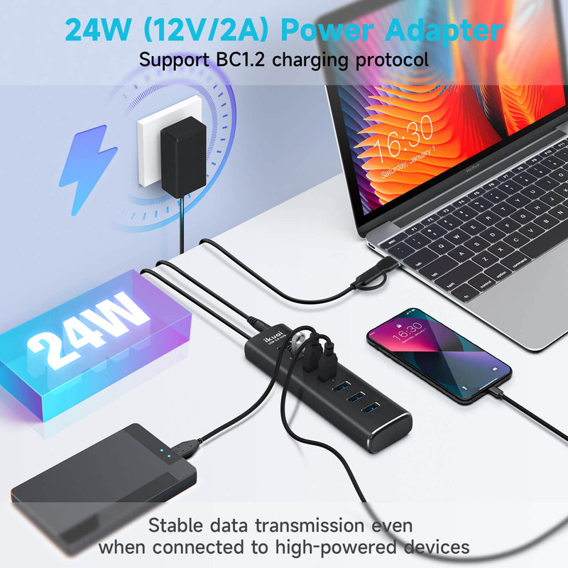 Powered USB 3.0 /USB C Hub, ikuai Aluminium 7-Port USB Hub Splitter with AC Adapter LED Individual On/Off Switches and 3.3ft Extended Long Cable for Laptop, Mac, PC, Flash Drive, Mobile HDD