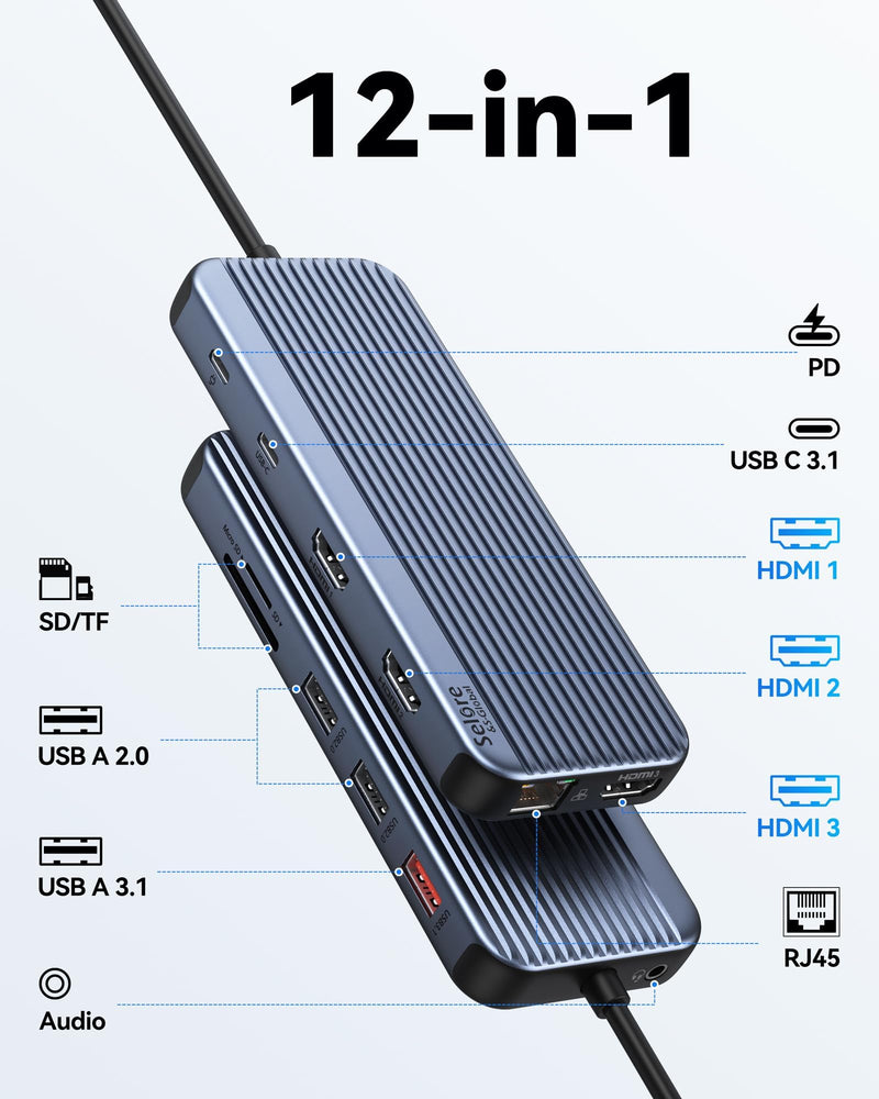 USB C Docking Station 3 HDMI Selore Laptop Docking Station 3 Monitors | Triple HDMI,10Gbps USB A/C 3.1,USB 2.0,100W PD Charging, Gigabit Ethernet, Audio Mic,SD/microSD Card Slot,for Windows Laptops 12-in-1 3 HDMI