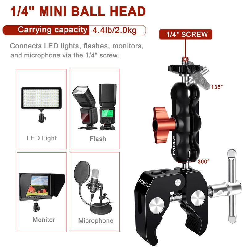 Super Clamp Camera Mount with Double Ball Head Adapter - Compatible with Canon Nikon DSLR, Gopro, LED Lights, Ronin-M/MX, Freefly MOVI - 360° Rotation - 1/4"-20 & 3/8"-16 Threaded Holes