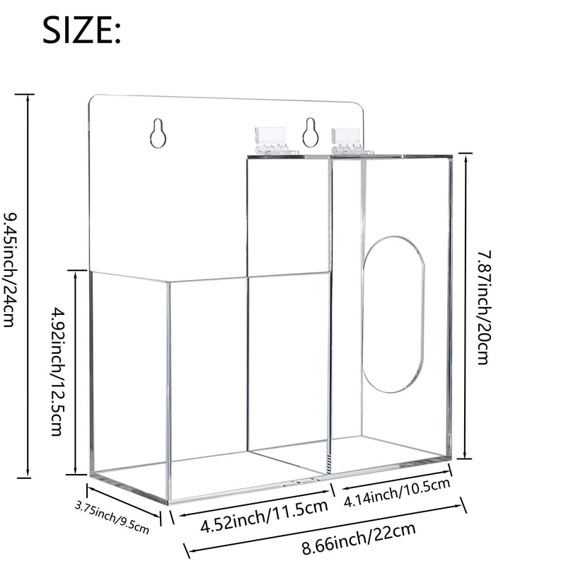 Acrylic Mask Dispenser & Hand Sanitizer Holder Stand Wall Mount or Countertop, Hygiene Station with 2 Compartment Clear Box Dispenser Holder for Face Masks, Gloves, Hairnets, Spray Bottle