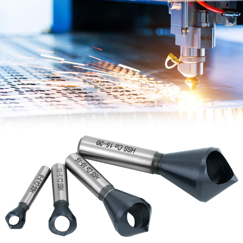 QWORK 4PCS Cobalt Single-End Countersink Chamfer Tool Set, M35 High-Speed Steel, 90° Cutting Angle