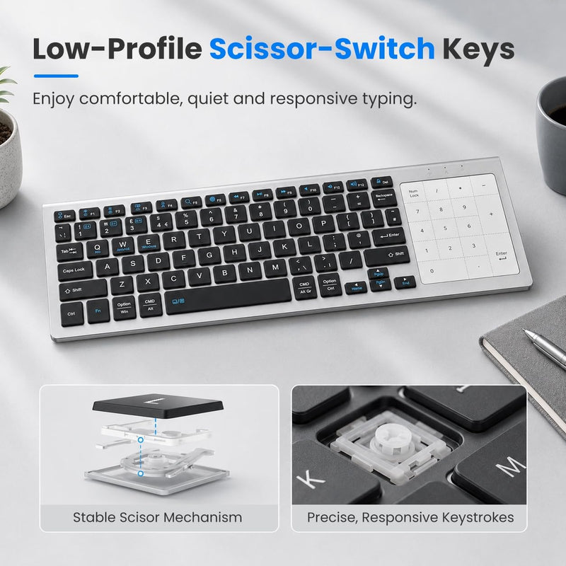 SOPPY Multi-Device Wireless Keyboard with Numeric Touchpad, Mini Bluetooth Keyboard, Stainless Steel Slim Wireless Keyboard with USB Receiver for MacBook/iPad/Tablet/PC/Laptop, QWERTY US Layout