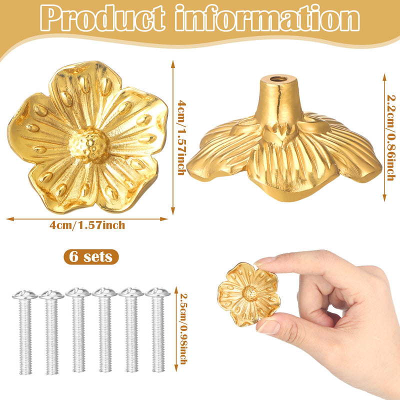 MorningRo 6 Pack Brushed Gold Flower Cabinet Knobs Kitchen Gold Drawer Pulls Bathroom Zinc Petal Handles for Dresser Drawer Decoration Knob of Cupboard Furniture Hardware