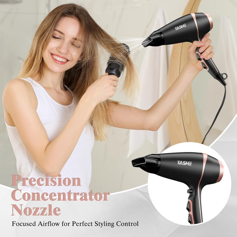 YASHE Professional Hair Dryer, 2 Speeds & 3 Heat Settings, Cool Shot, 2000W Blow Dryer with Precision Concentrator Nozzle, 1.8m Cord & Hanging Hook, Matte Black & Rose Gold