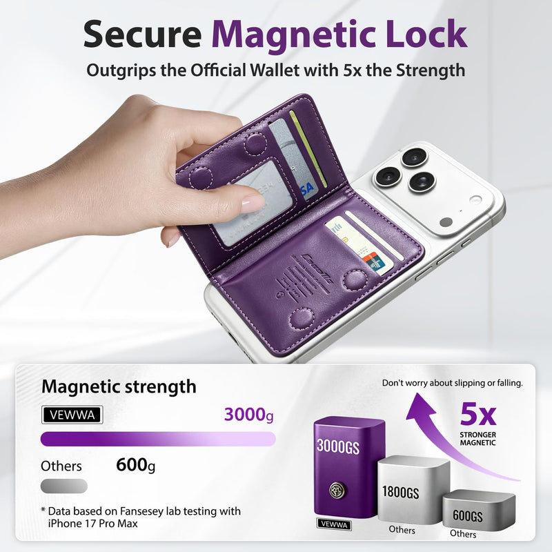 Magnetic Wallet for iPhone, Detachable Magnetic Card Holder Compatible with MagSafe, RFID Blocking Magnetic Phone Wallet with Kickstand for iPhone 17/16/15/14/13/12 Series, Purple