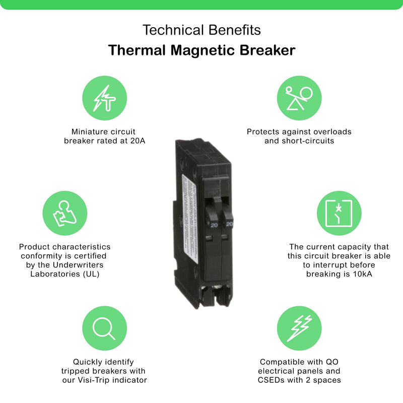 Square D - Tandem mini Circuit Breaker, QO, 2 x 1 Pole at 20A, 120/240VAC, 10kA, Plug in Mount, Clam Pack - QO2020C
