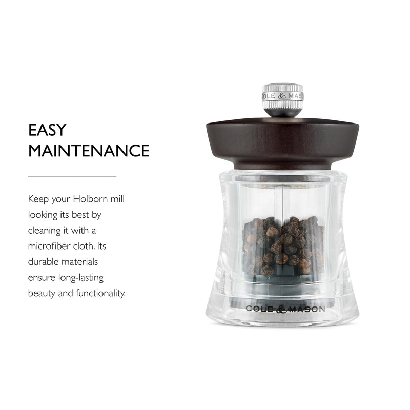 Cole & Mason Holborn Acrylic Pepper Mill - Compact Hand Grinder - Acrylic Kitchen Tool with Adjustable Grind Setting - Easy-to-Clean Grinder with Premium Design - Chocolate Pepper Mill, 3.75"
