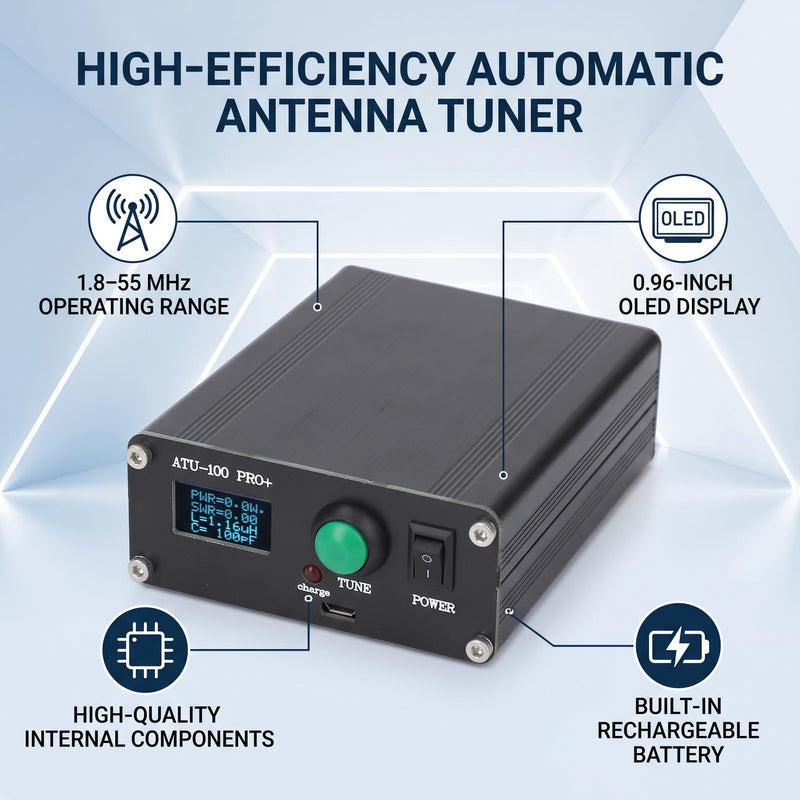 Pomya Auto Tuner for Ham Radio 1.8-55MHz | ATU 100 Pro 100W HF Tuner with Aluminum Box/Cover & OLED Display