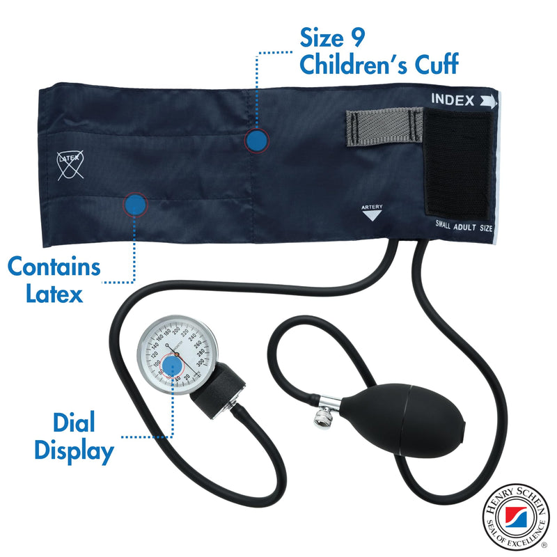 Henry Schein Essentials Childs Blood Pressure Monitor, Size 9 Cuff, 1 Ct | Manual Monitoring, Dial Display, +/-3mmHg Accuracy, Includes Leatherette Carrying Case, Latex, For Clinics & Home Use Child (Size 9)