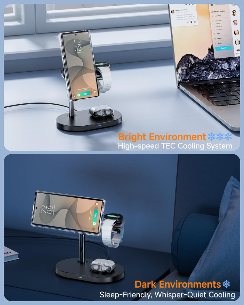 Qi2.2 25W Magnetic Wireless Charging Station for Samsung TEC Active Cooling | For Galaxy Z Fold 8 Ultra/Fold8 Wide/S26 Ultra/iPhone17, 3-in-1 Fast Charger Stand for MagSafe (Not for Watch 9/Ultra 2)