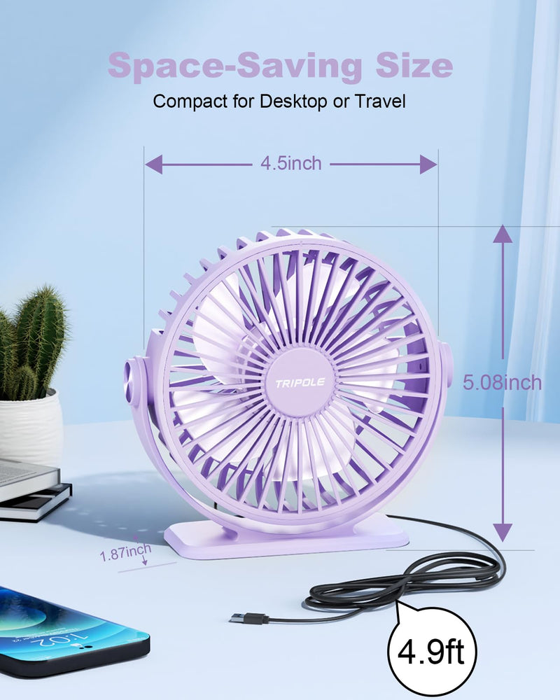 TriPole Desk Fan USB Powered Small Portable Fan, 3 Speeds Adjustable Strong Breeze Mini Personal Fan, 360° Rotation Quiet Plug In USB Fan for Desktop Bedroom Office Table Travel, Purple, 4.9ft Cable