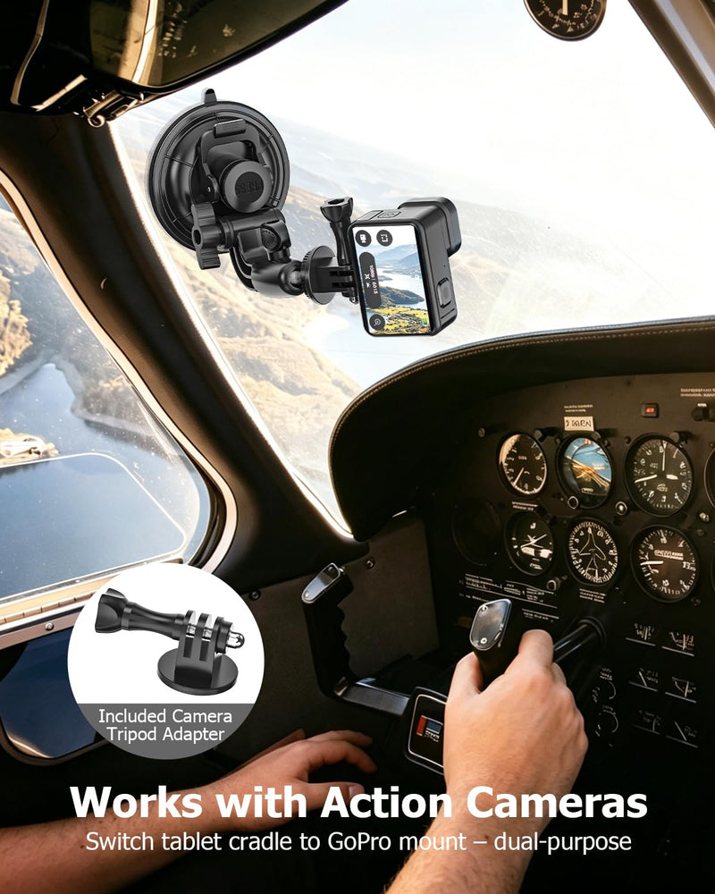 Aircraft Cockpit Tablet Holder Suction [Large Powerful Suction Cup] Aviation Pilot Tablet Mount for Windshield Window Compatible with iPad mini Air Pro, Galaxy Tab, Fold, Phone, Camera, 4-13"