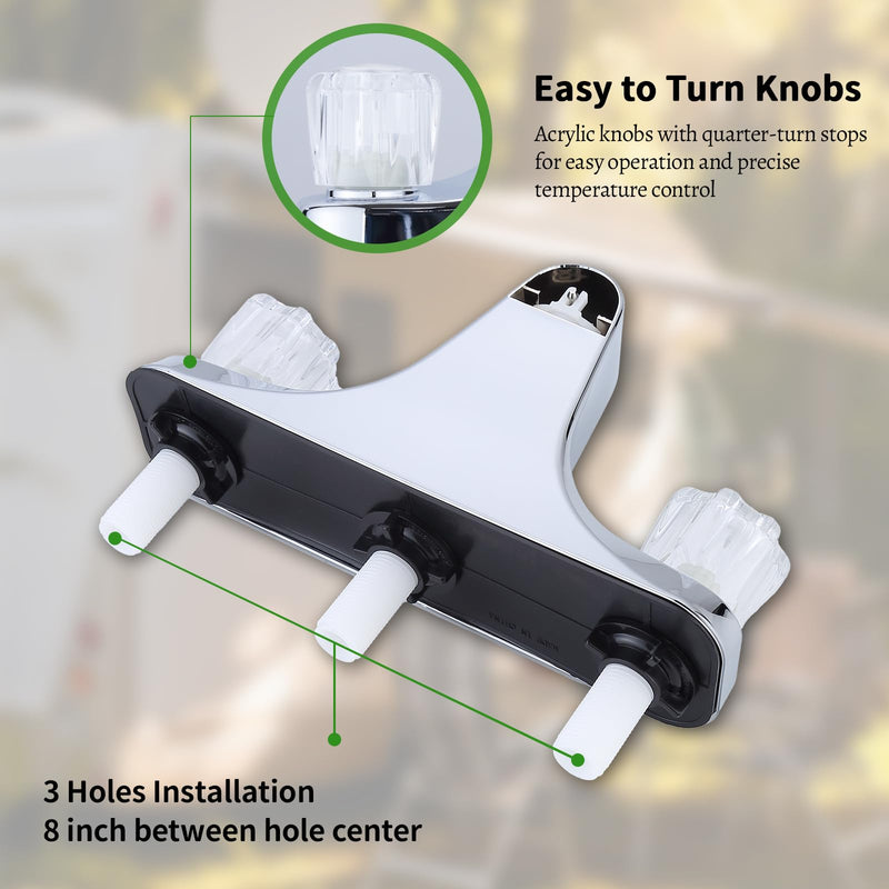 Mobile Home RV Tub Shower Center-Set Faucet, 8 inch, 2-Handle Wall Mount Shower Valve, RV and Motor Home Bath Tub & Shower Faucet with Clear Acrylic Knobs (Chrome) Chrome
