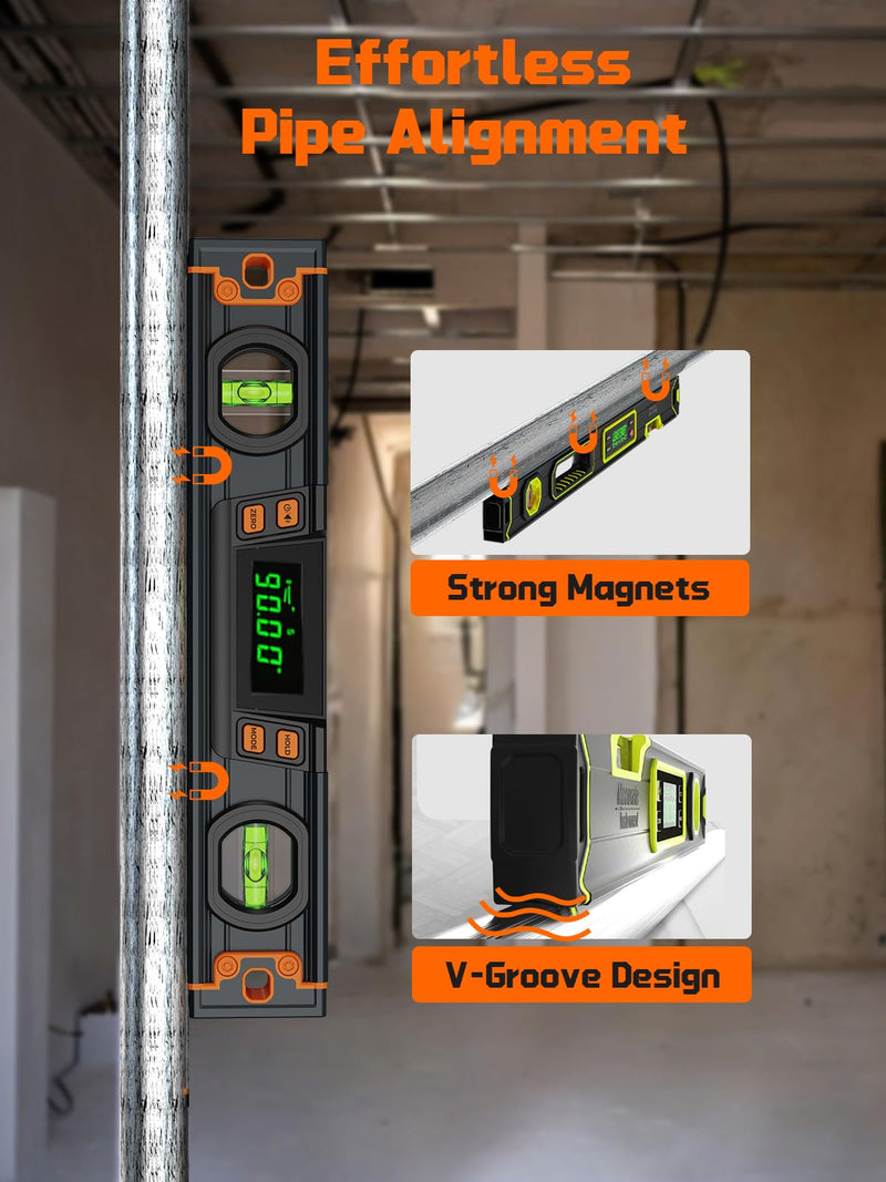 Mecurate 10-Inch Digital Level, Portable Electronic Angle Finder with Backlit Display, ±0.1° Accuracy, Magnetic Base, 4 Measurement Units, Compact Torpedo Smart Level Tool for DIY & Professional Use Orange