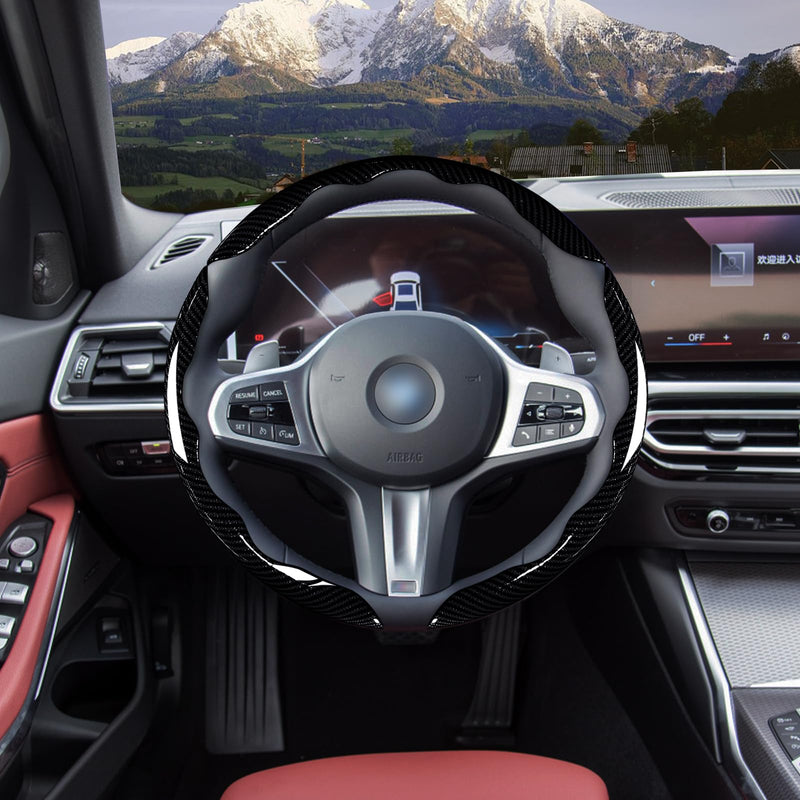  [AUSTRALIA] - Car Steering Wheel Cover Set Bright Carbon Fiber Wrap Non-Slip 3pcs Steering Wheel Accessories 14.5-15 inch Universal (Black) Black Black Black