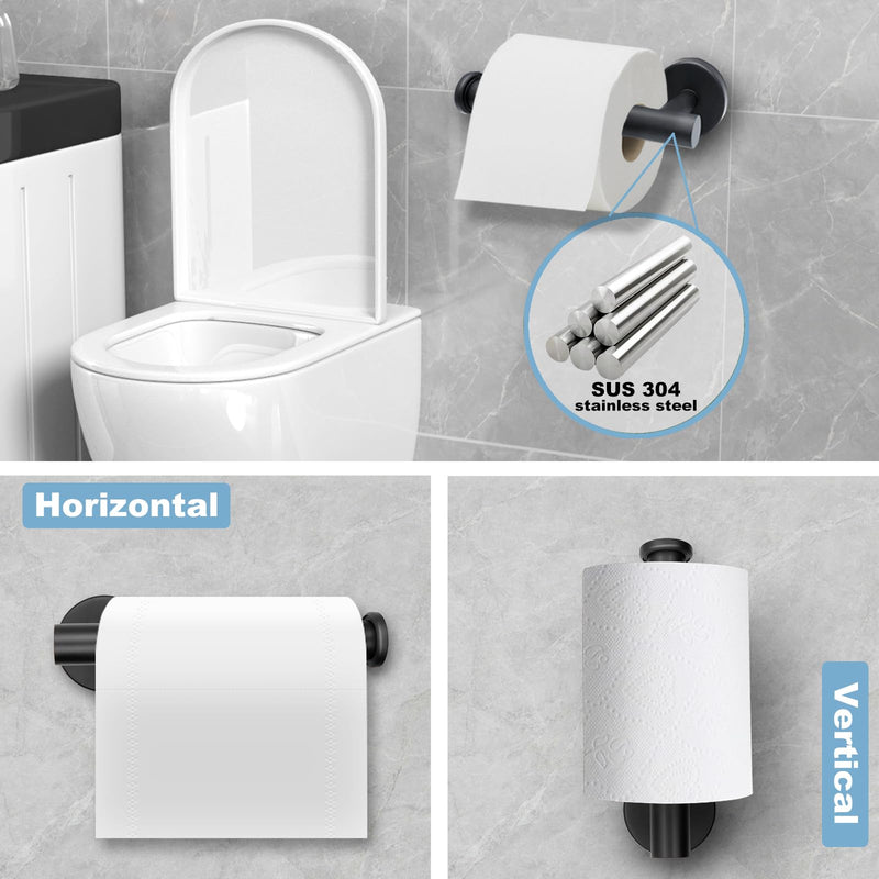 Matte Black Bathroom Hardware Set - Stainless Steel Wall-Mounted Toilet Paper Holder, Towel Ring & 2 Handy Hooks for Modern Bathroom Accessories | Rust-Resistant Towel Hook Set with Easy Installation 4PCS-SET