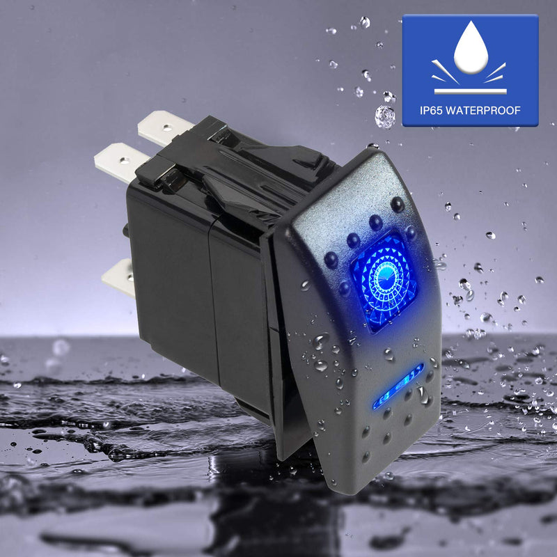 FXC Momentary (On)/Off Rocker Switch 5Pin Laser Blue LED Light 20A/12V 10A/24V Toggle Switch with Jumper Wires Set for Automotive Boat Marine Truck Jeep Off-Road Bus RV (ON)/OFF Momentary