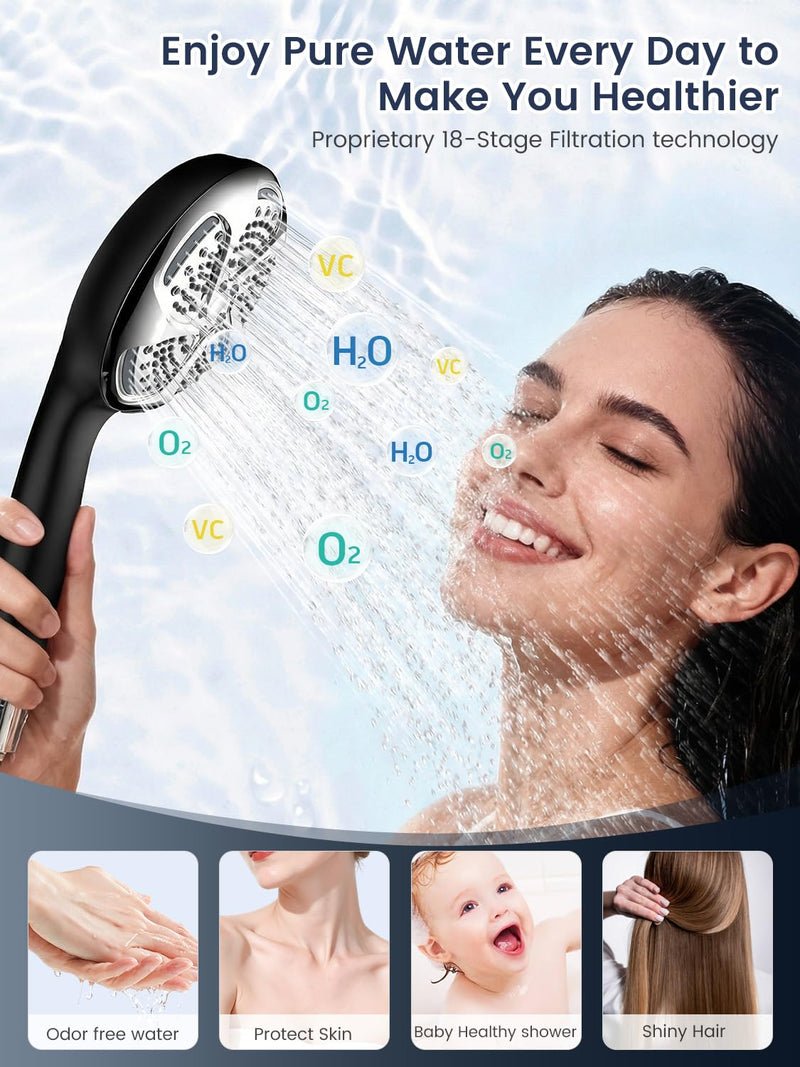 Filtered Shower Head with Handheld, High Pressure 7 Mode ShowerHead with Filters for Hard Water, Anti-clog Nozzles, Built-in Power Wash to Clean, Remove Chlorine - Reduce Dry Itchy Skin Black+Chrome