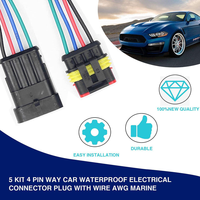 5 Kit 4 Pin Car Connector Waterproof Electrical Connector, Male and Female Way 18 AWG Wire Plug Socket Kit for Truck, Motorcycle, Boat and Other Wire Connection 4-Pin