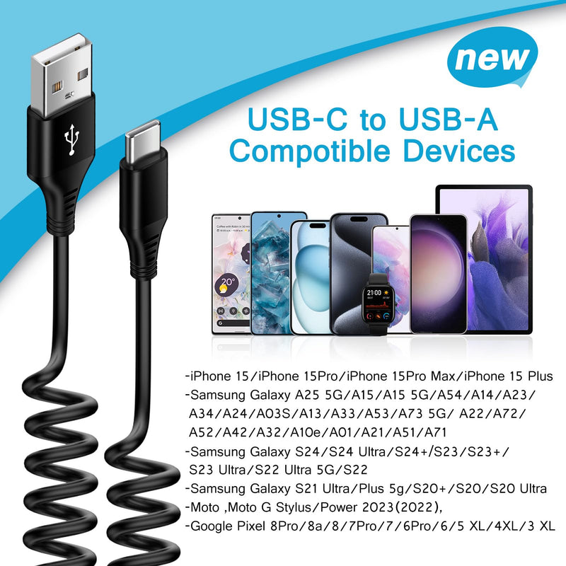 Samsung S24 Ultra Coiled USB C to USB A Cable Fast Charging for Galaxy S24+/S23/S22/S21,A14/A54,3FT Retractable Android Phone Car Charger Cord for iPhone 15 Pro Max Plus,Google Pixel 8Pro/8a/7a/7/6/5