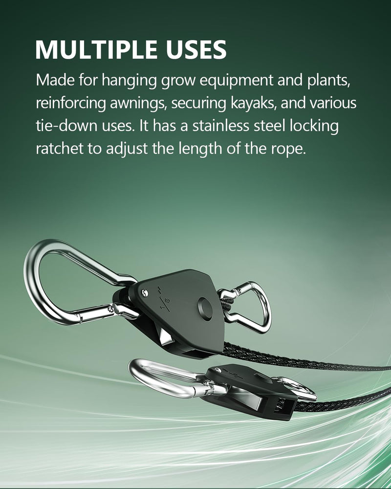 4-Pack 1/8" Adjustable Rope Hanger, Heavy Duty Ratchet Tie Down Strap with Reinforced Metal Gear, Ratcheting Pulley System Kayak Straps for Hanging Plants Grow Light and Various Tie-Down Uses 4-Pack 1/8"
