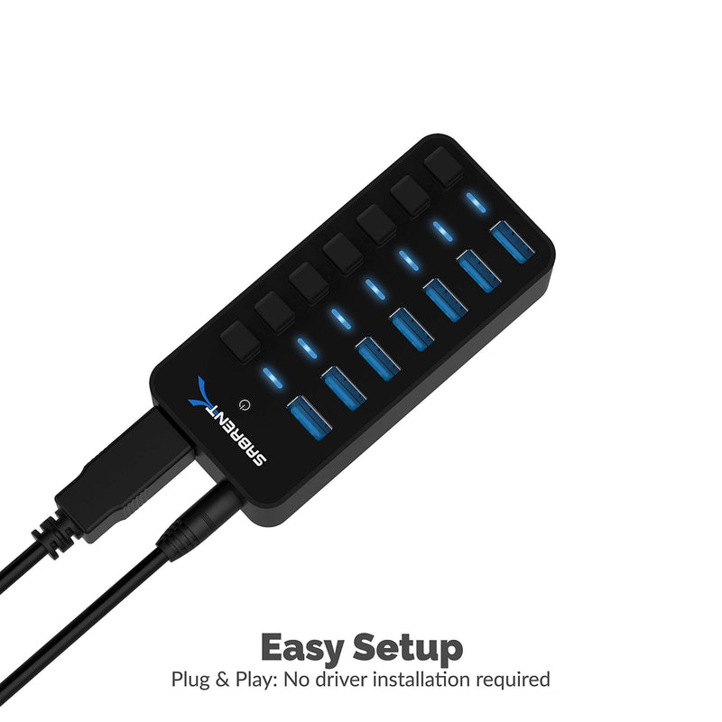7 Port USB 3.0 Hub with Individual Power Switches and LEDs Includes 36W 12V/3A Power Adapter+USB 3.0 Extension Cable A Male to A Female [Black] 6 Feet