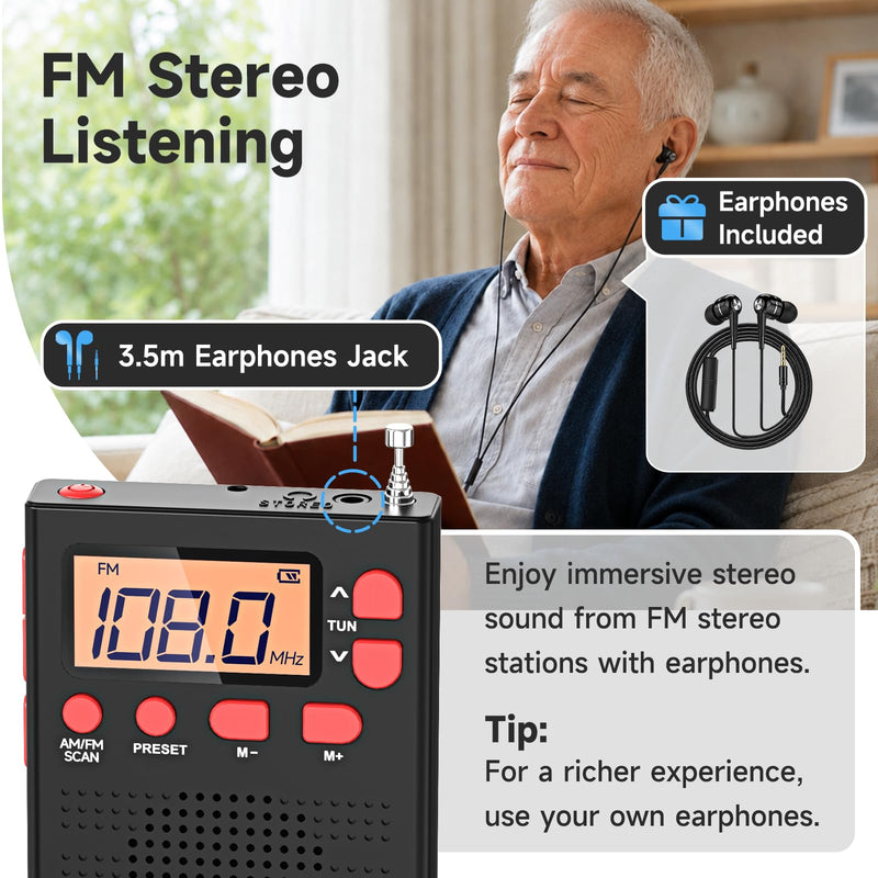 PRUNUS J-125 Pocket AM FM Radio Portable Mini Radio with Stereo Earphone | Battery Operated Radio by 2 AAA, Manual Preset, Lock Key, Walk man Radios Digital Radio for Hiking, Travel